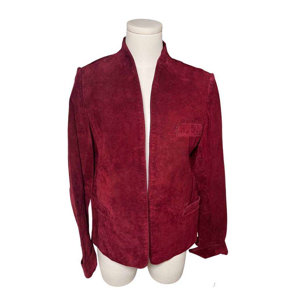 Intuitions Burgundy Suede Open Front Blazer Minimalist Leather Jacket 8 Vintage
